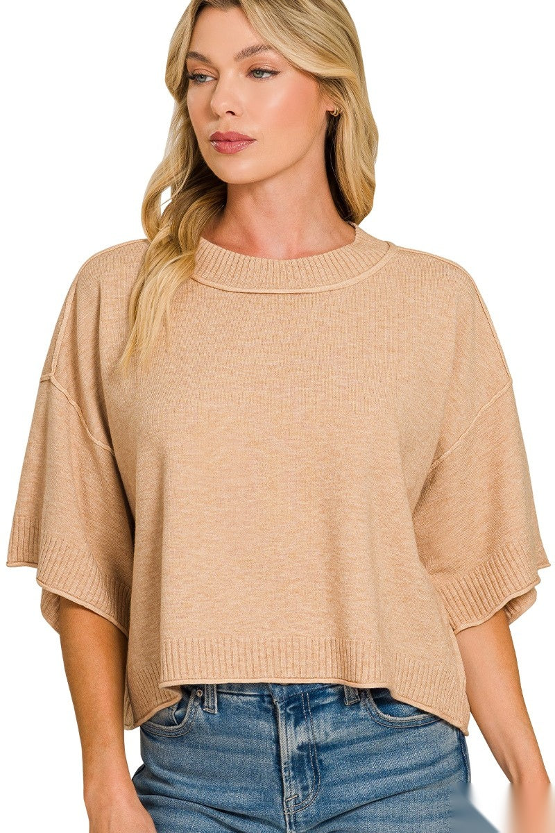 Short Sleeve Boxy Top | Heather Beige