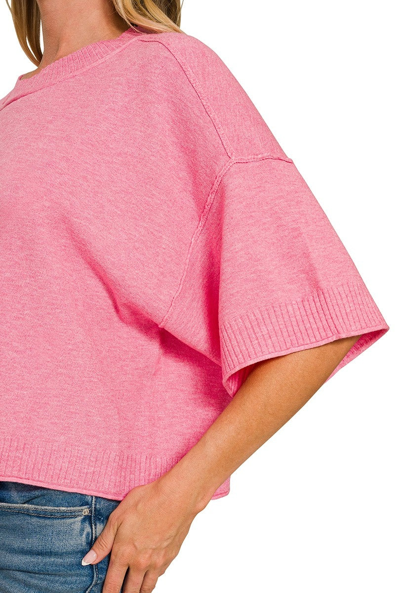 Short Sleeve Boxy Top | Heather Candy Pink