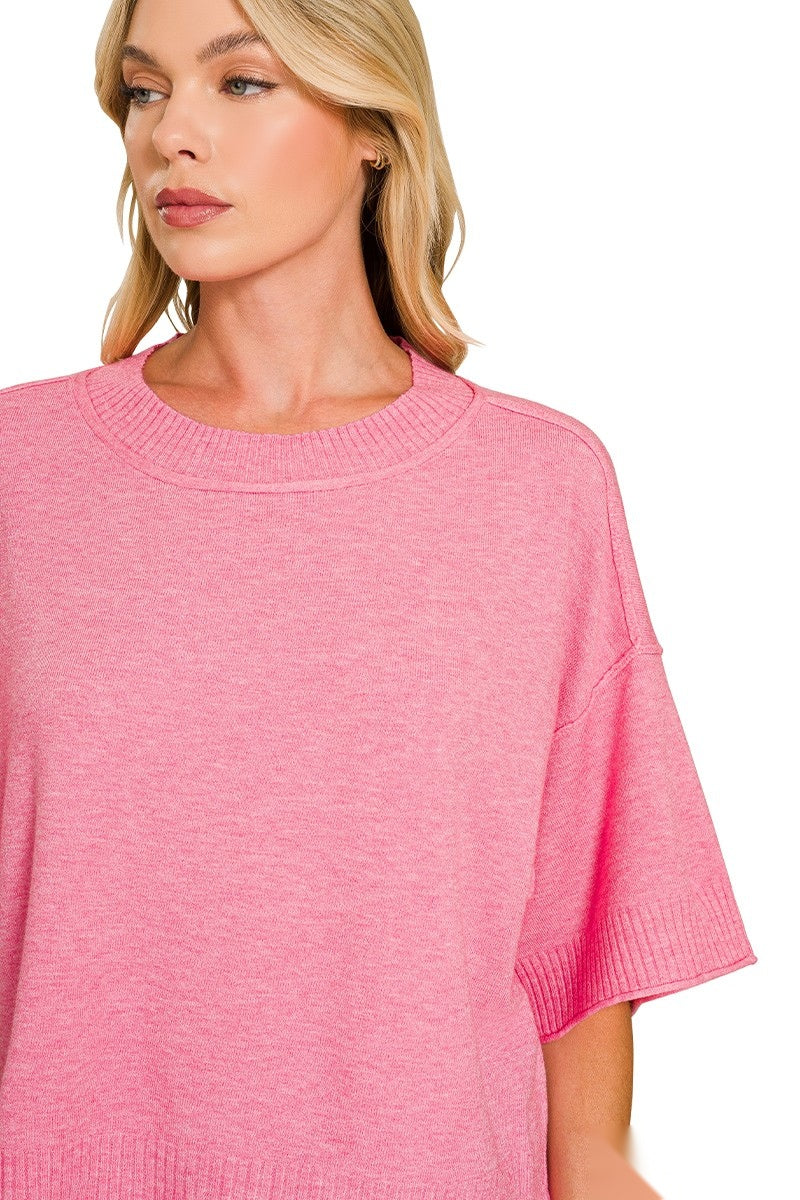Short Sleeve Boxy Top | Heather Candy Pink
