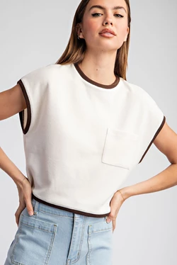 Tow Tone Round Neck Crop Top | Cream