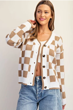 Checker Button Down Cardigan | Cocoa