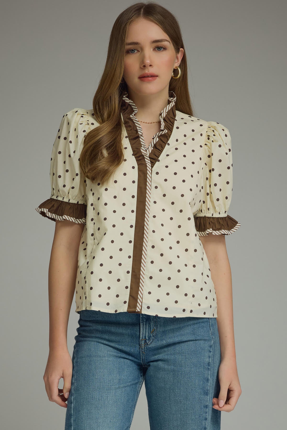 Ruffle Trim Polka Dot Top | Ecru
