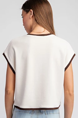Tow Tone Round Neck Crop Top | Cream