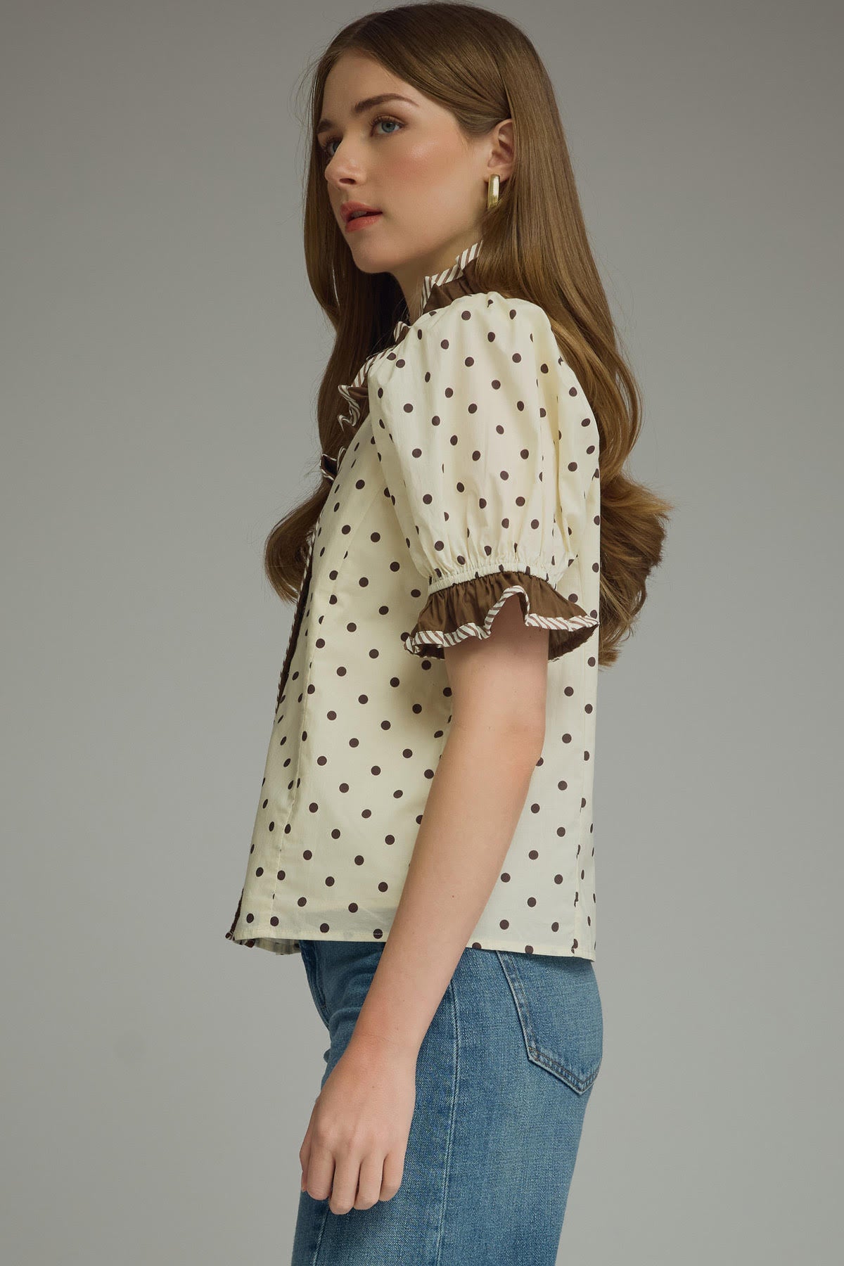 Ruffle Trim Polka Dot Top | Ecru