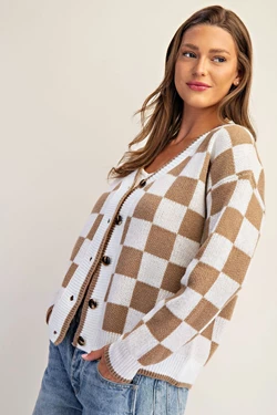 Checker Button Down Cardigan | Cocoa