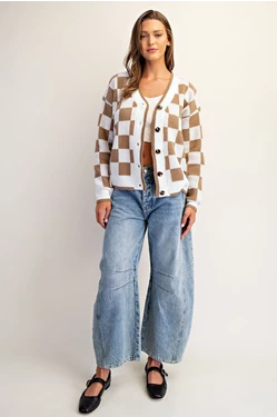 Checker Button Down Cardigan | Cocoa