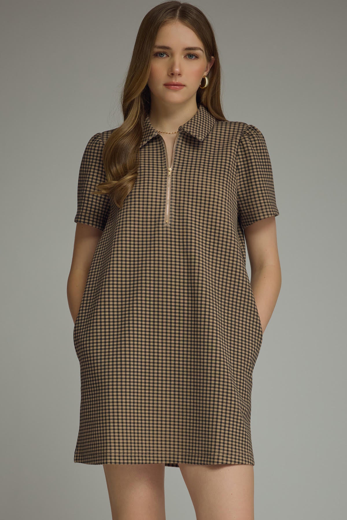 Gingham Puff Sleeve Dress | Black/Tan