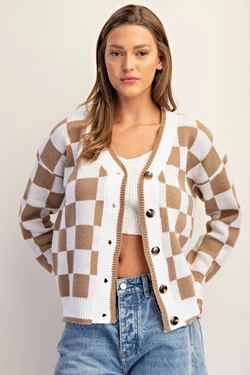 Checker Button Down Cardigan | Cocoa
