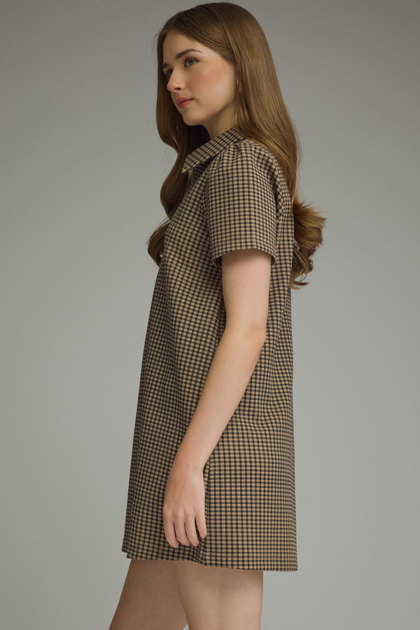 Gingham Puff Sleeve Dress | Black/Tan
