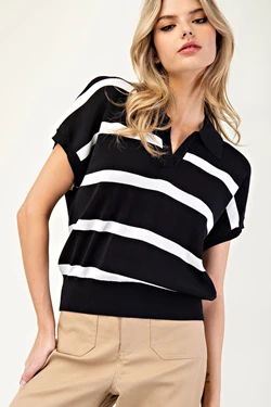 Striped Collar V-Neck Top | Black