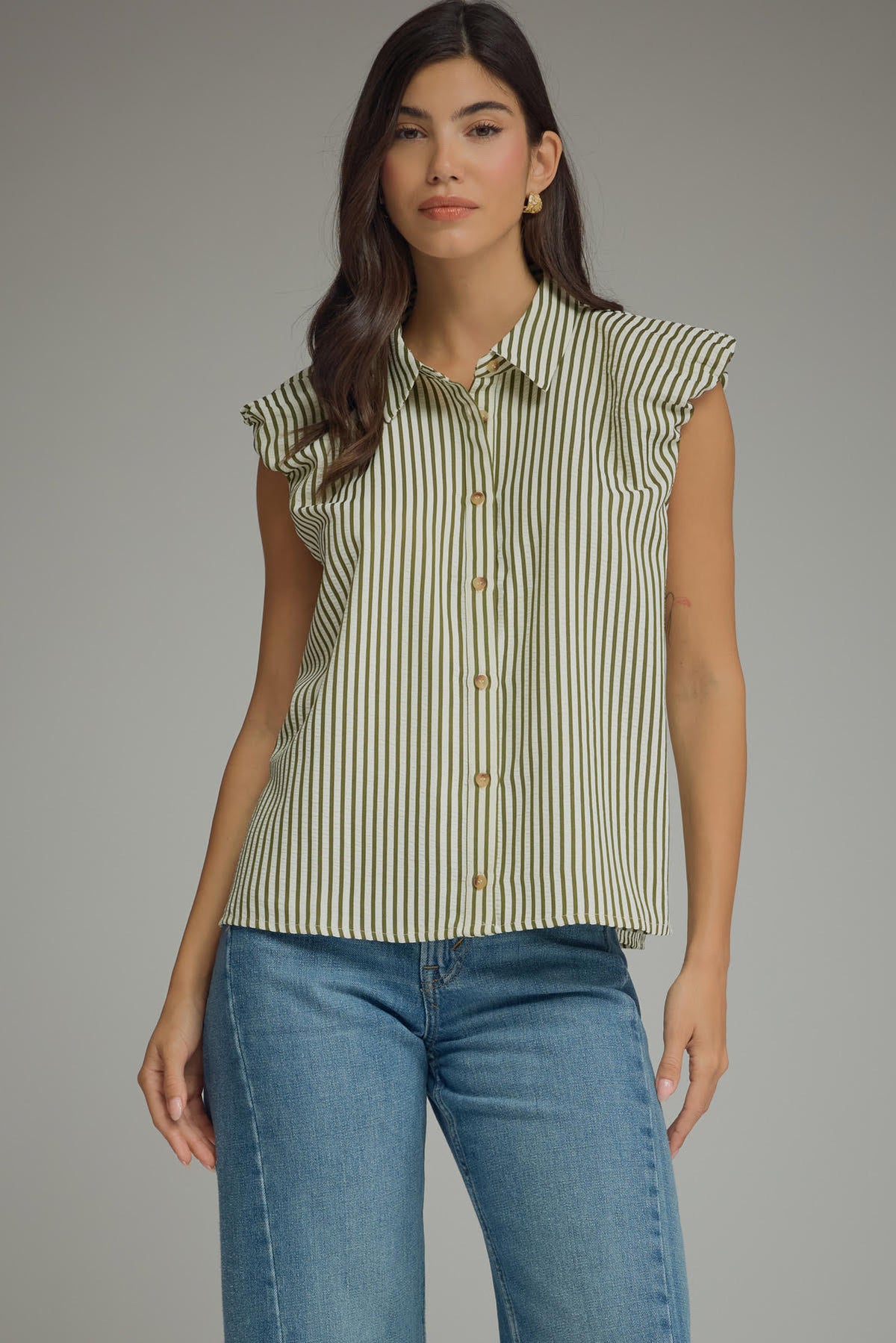 Stripe Ruffle Cap Sleeve Button Top | Olive