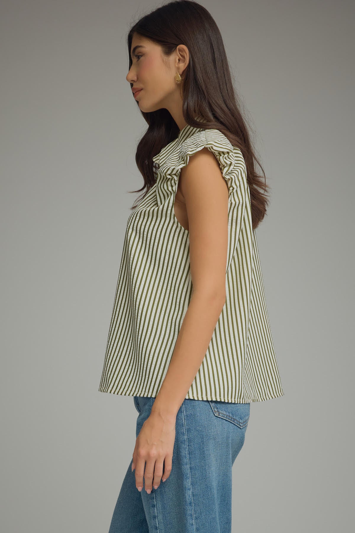 Stripe Ruffle Cap Sleeve Button Top | Olive