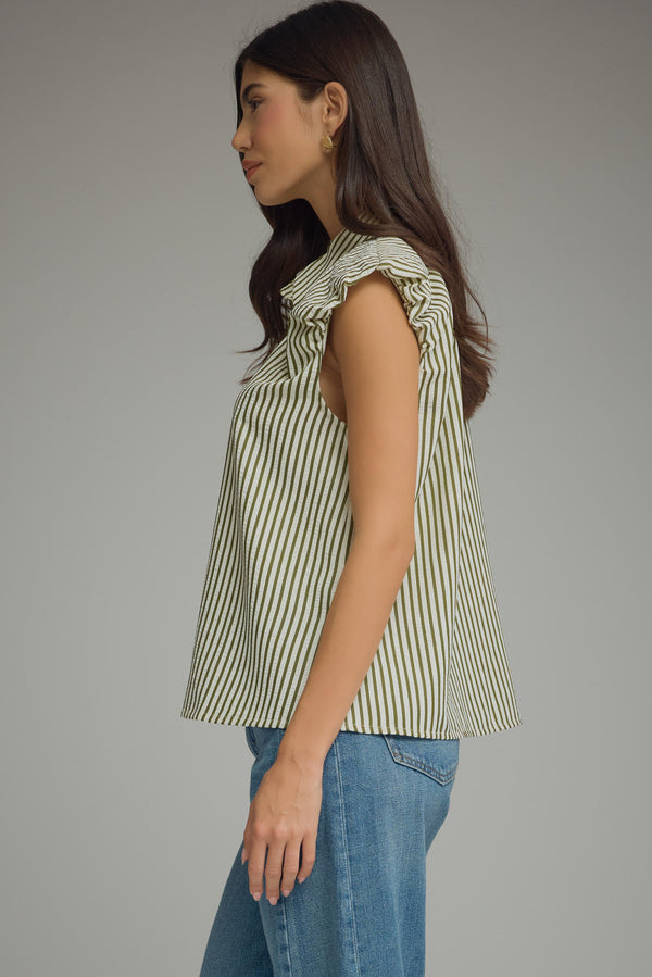 Stripe Ruffle Cap Sleeve Button Top | Olive