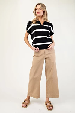 Striped Collar V-Neck Top | Black