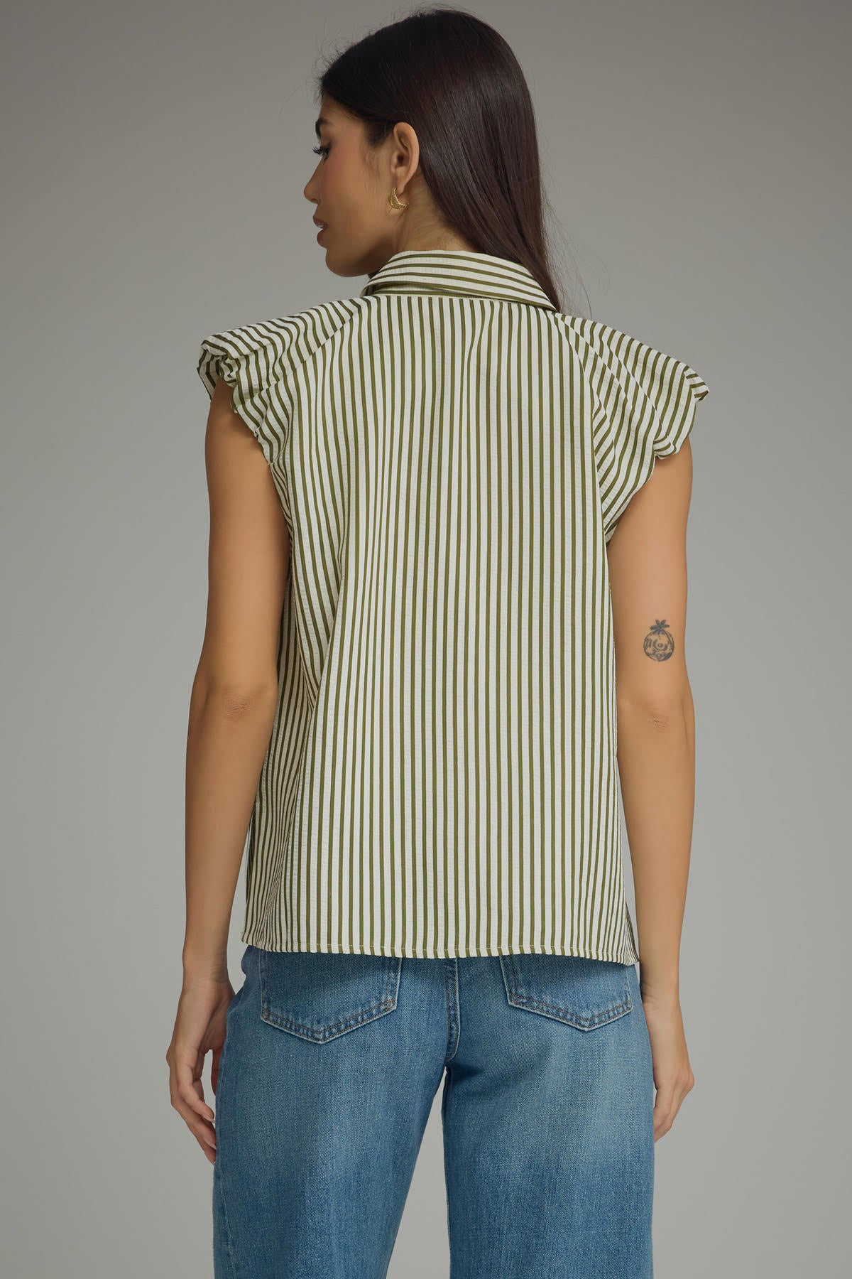 Stripe Ruffle Cap Sleeve Button Top | Olive