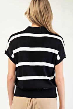 Striped Collar V-Neck Top | Black