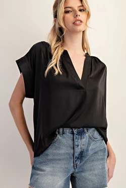 Satin V-Neck Top | Black