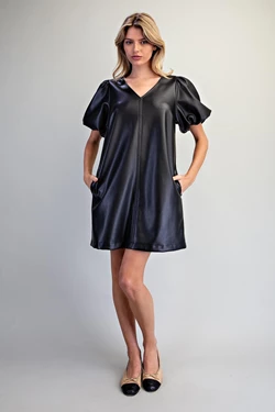 Faux Leather Puff Sleeve Dress | Black