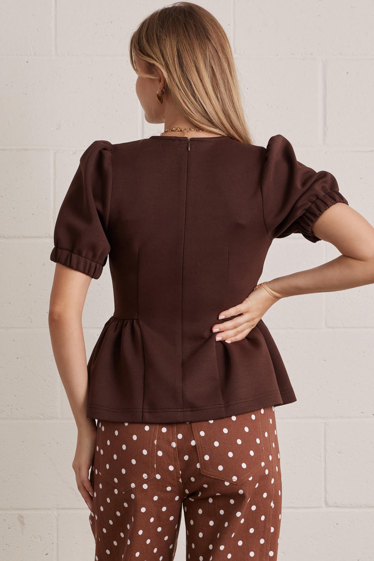 Puff Sleeve Peplum Top | Brown
