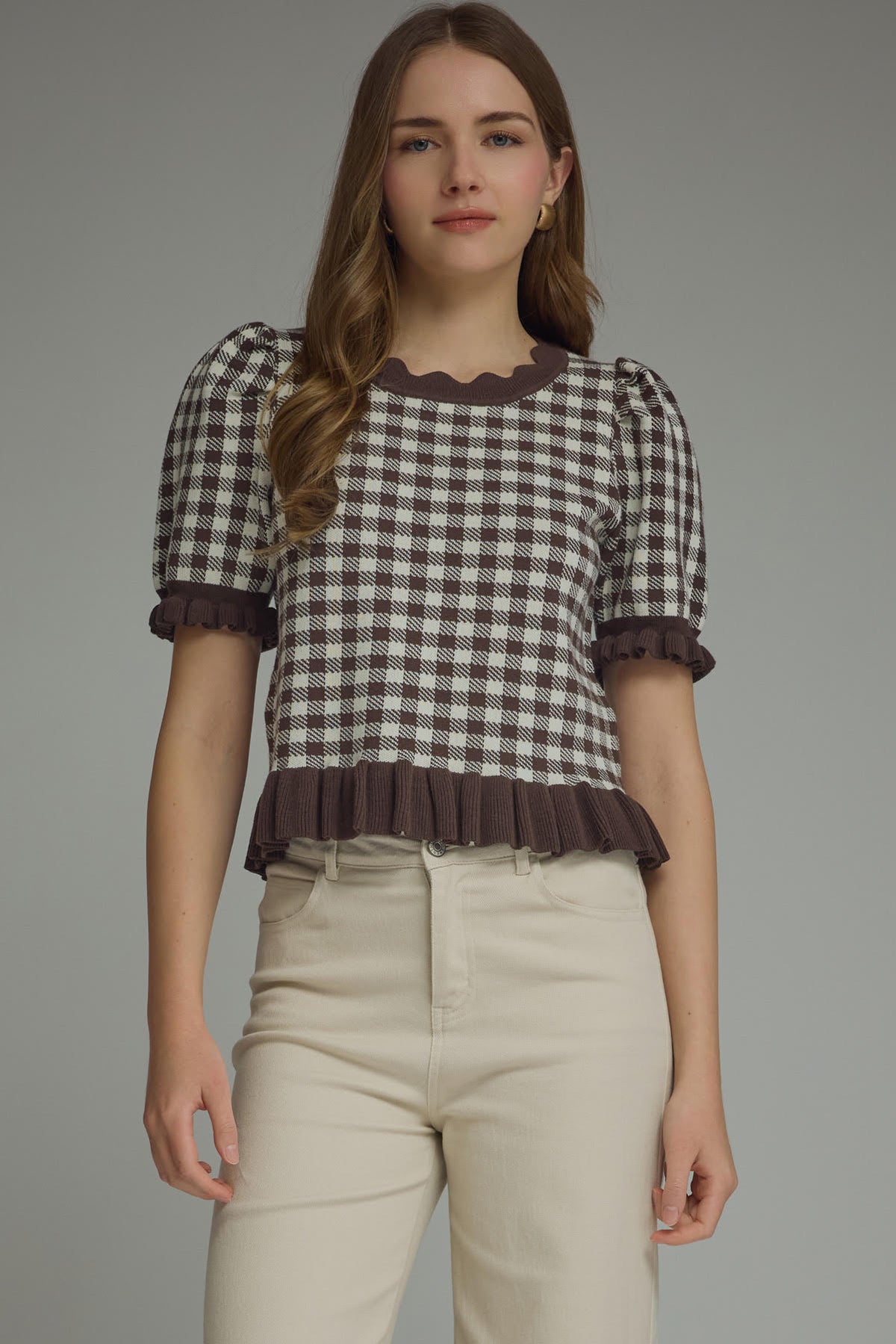 Gingham Ruffle Trim Puff Sleeve Top | Brown