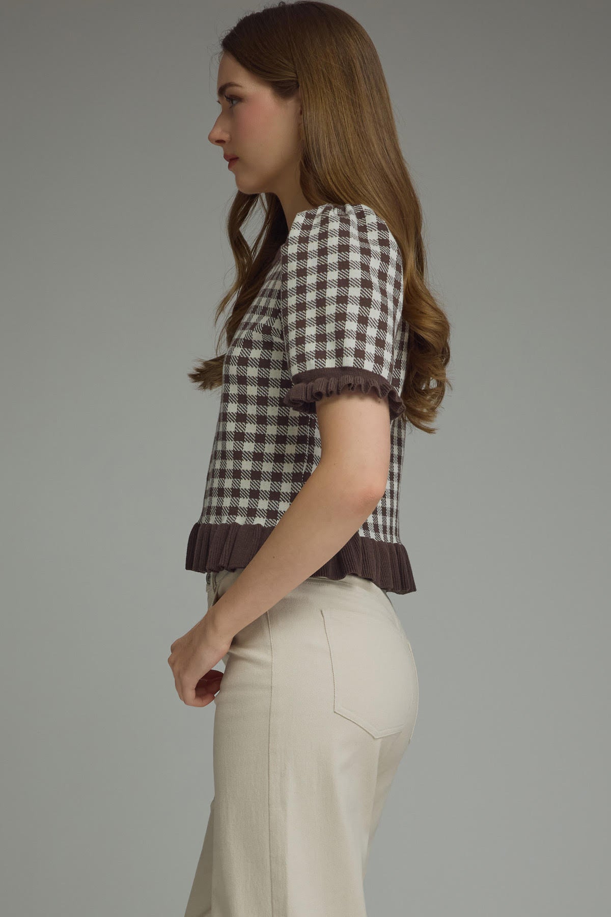 Gingham Ruffle Trim Puff Sleeve Top | Brown
