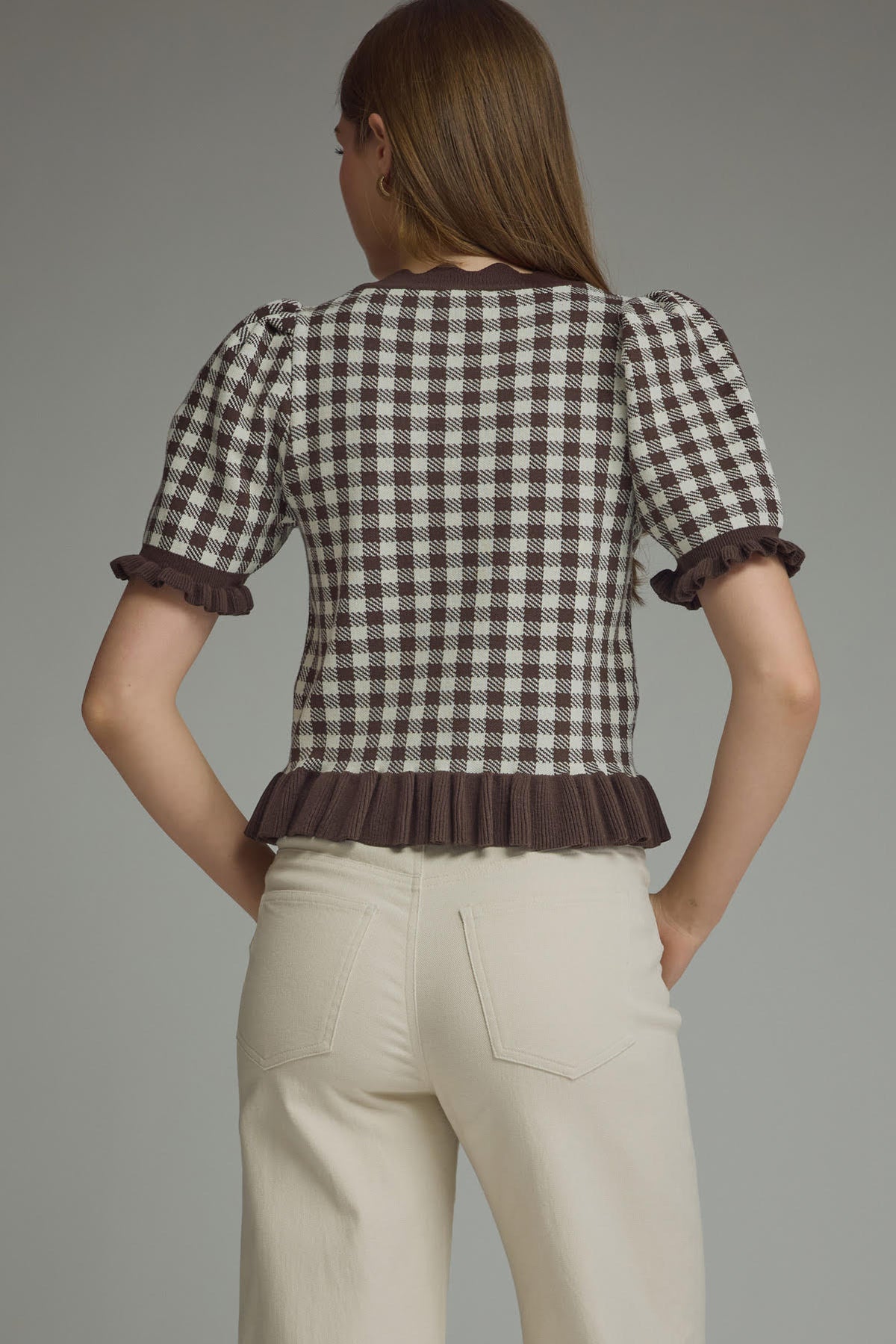Gingham Ruffle Trim Puff Sleeve Top | Brown