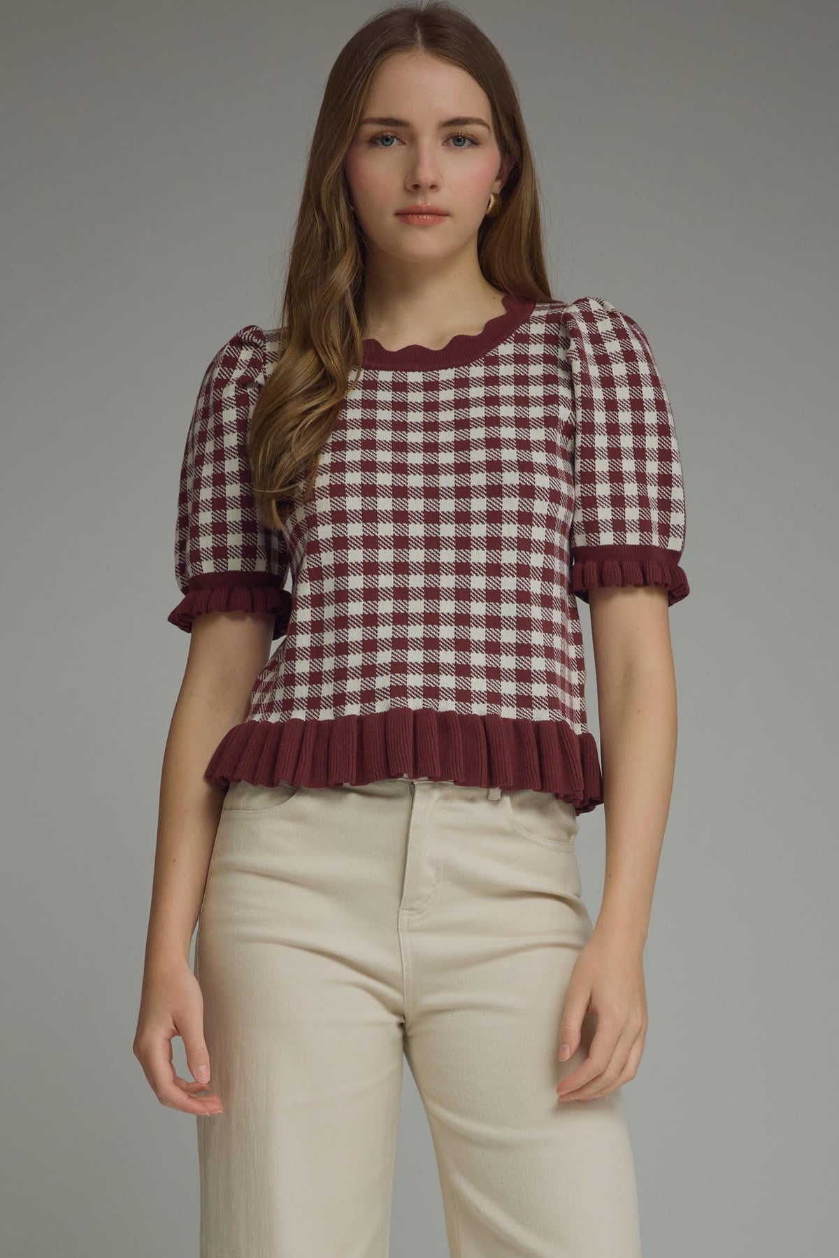 Gingham Ruffle Trim Puff Sleeve Top | Red Bean