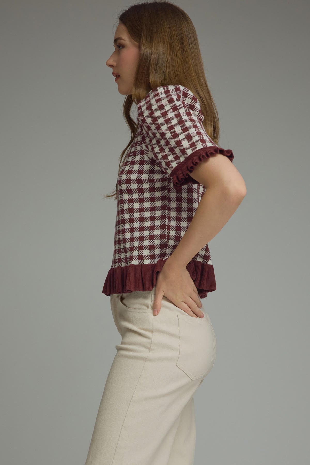 Gingham Ruffle Trim Puff Sleeve Top | Red Bean