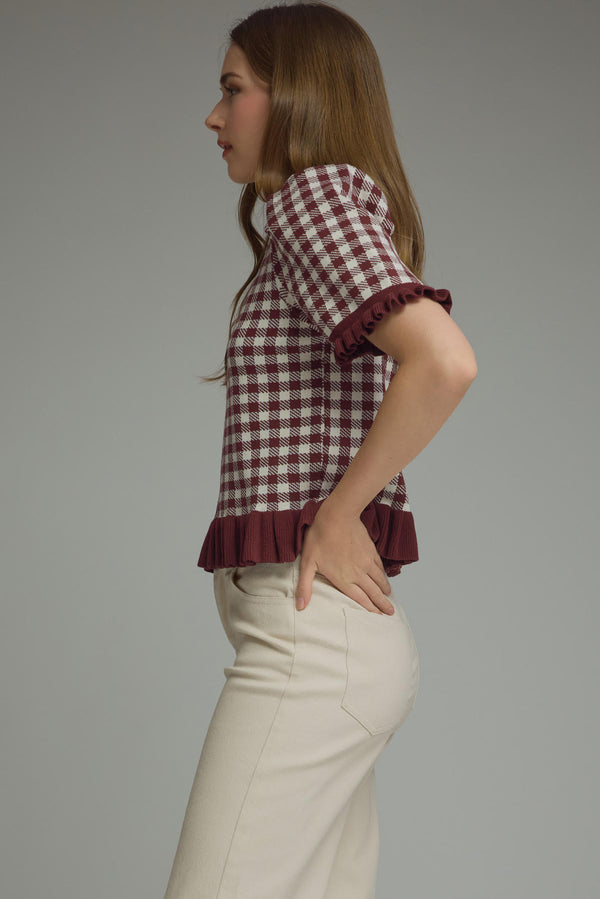 Gingham Ruffle Trim Puff Sleeve Top | Red Bean