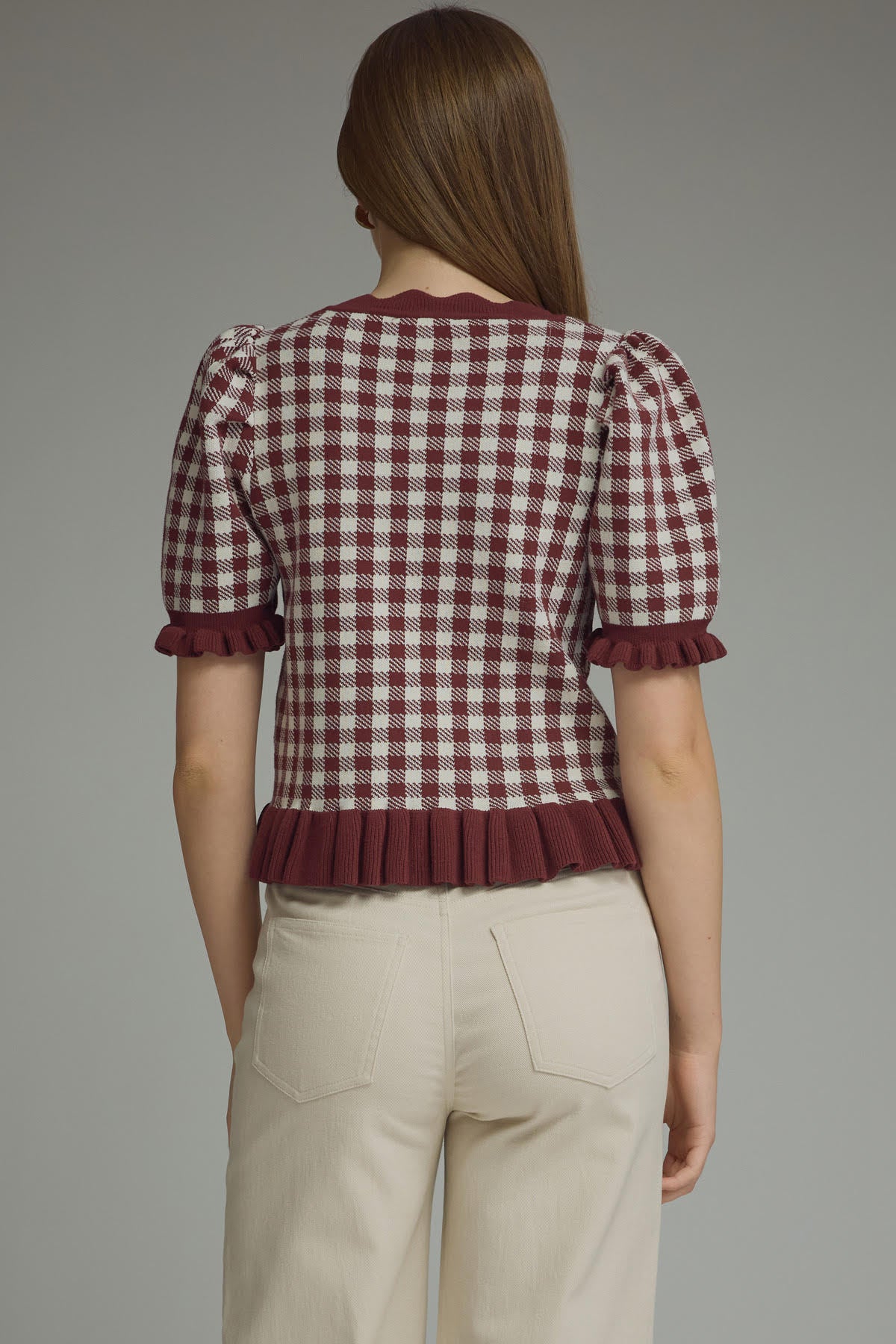 Gingham Ruffle Trim Puff Sleeve Top | Red Bean