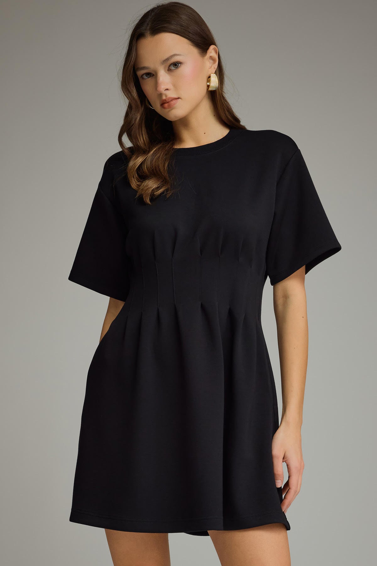 Solid Pintuck Waist Dress | Black