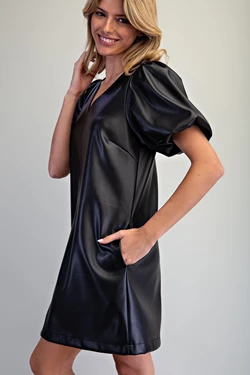 Faux Leather Puff Sleeve Dress | Black