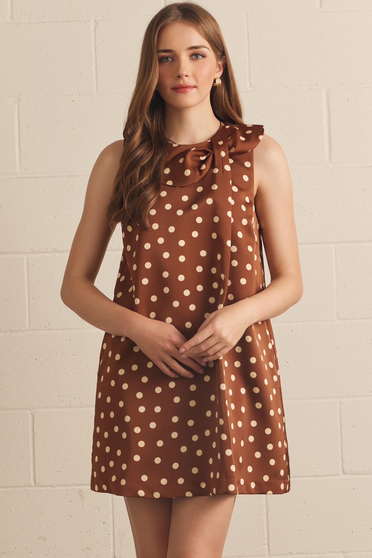 Polka Dot Bow Mini Dress | Brown