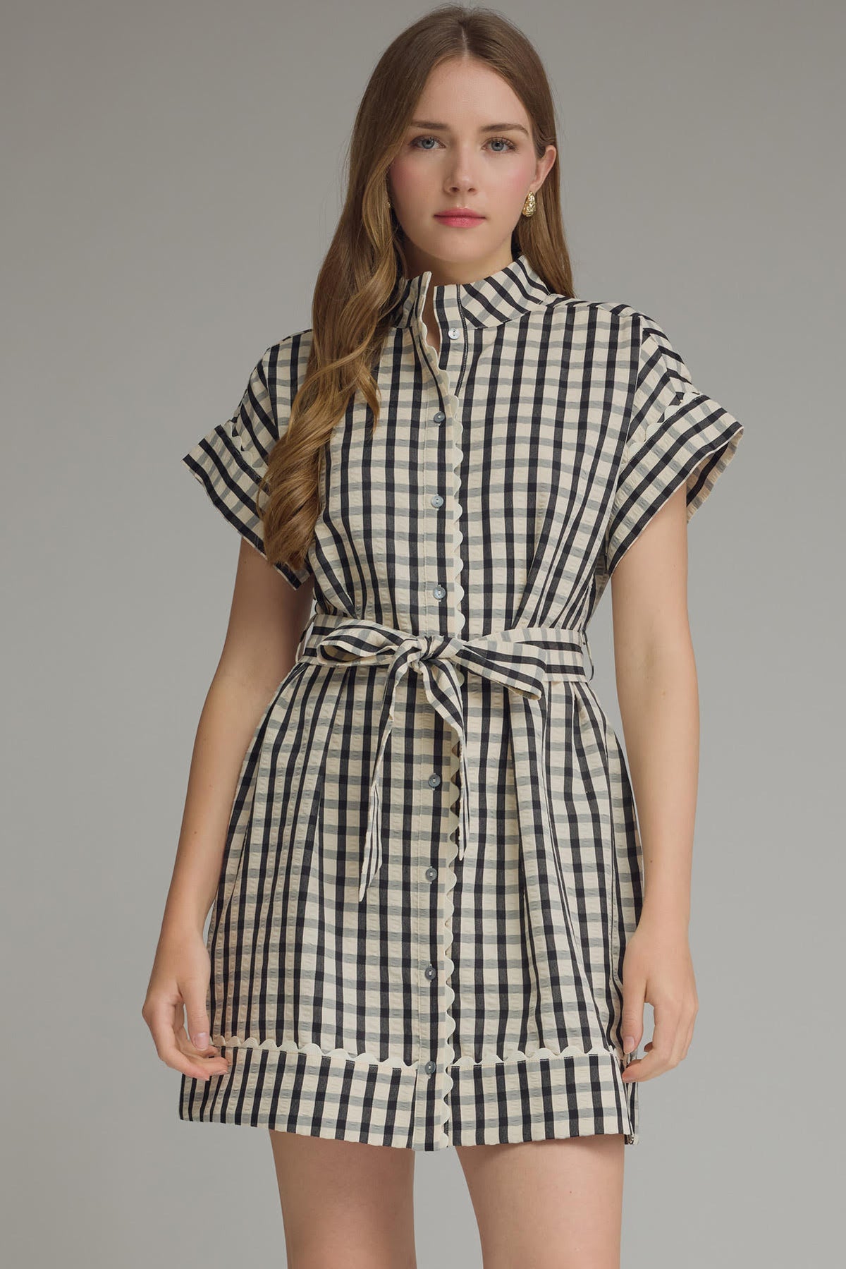 Gingham Scallop Trim Tie Mini Dress | Black