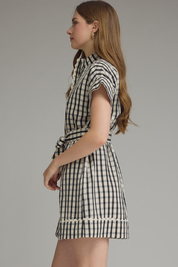 Gingham Scallop Trim Tie Mini Dress | Black