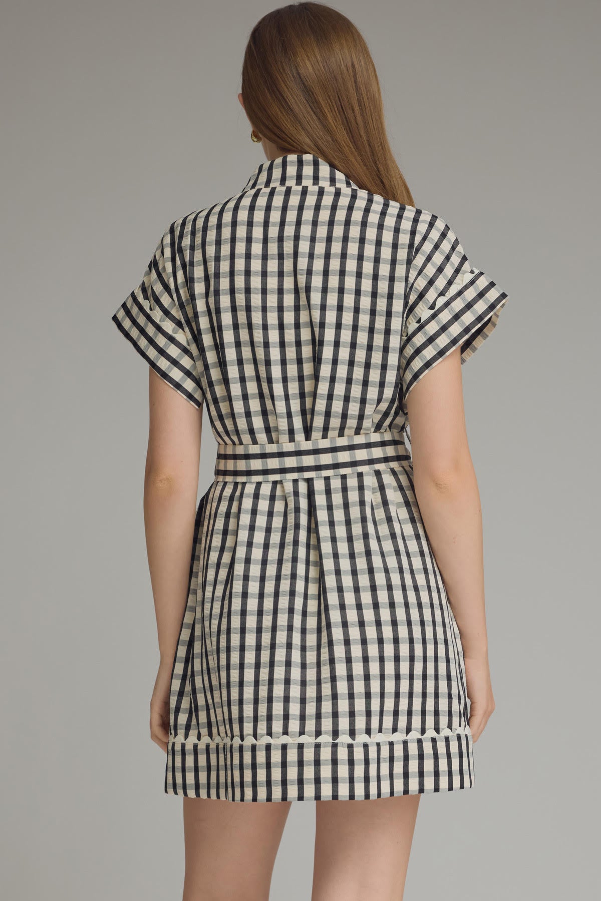 Gingham Scallop Trim Tie Mini Dress | Black