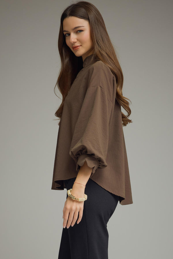 Scalloped 3/4 Sleeve Top | Brown
