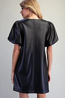 Faux Leather Puff Sleeve Dress | Black