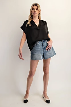 Satin V-Neck Top | Black