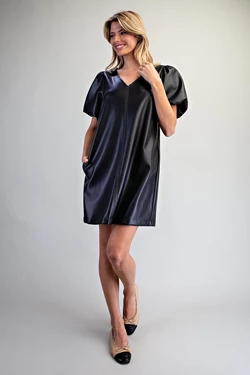 Faux Leather Puff Sleeve Dress | Black