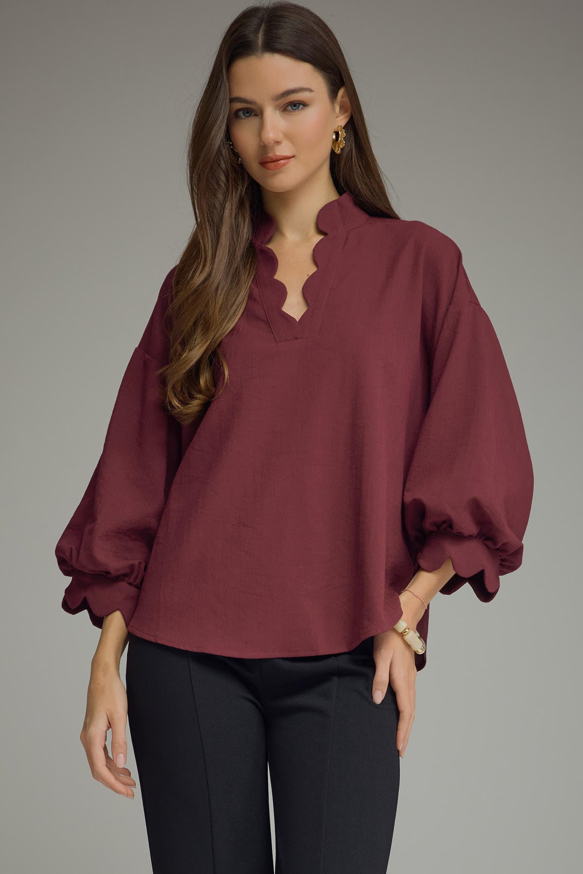 Scalloped 3/4 Sleeve Top | Plum
