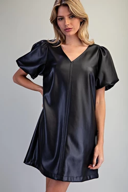 Faux Leather Puff Sleeve Dress | Black