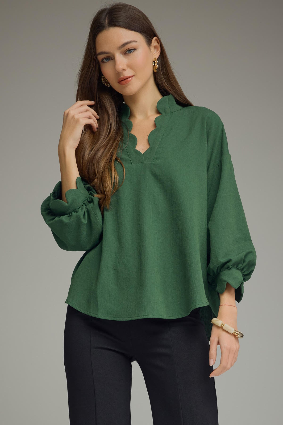 Scalloped 3/4 Sleeve Top | Hunter Green