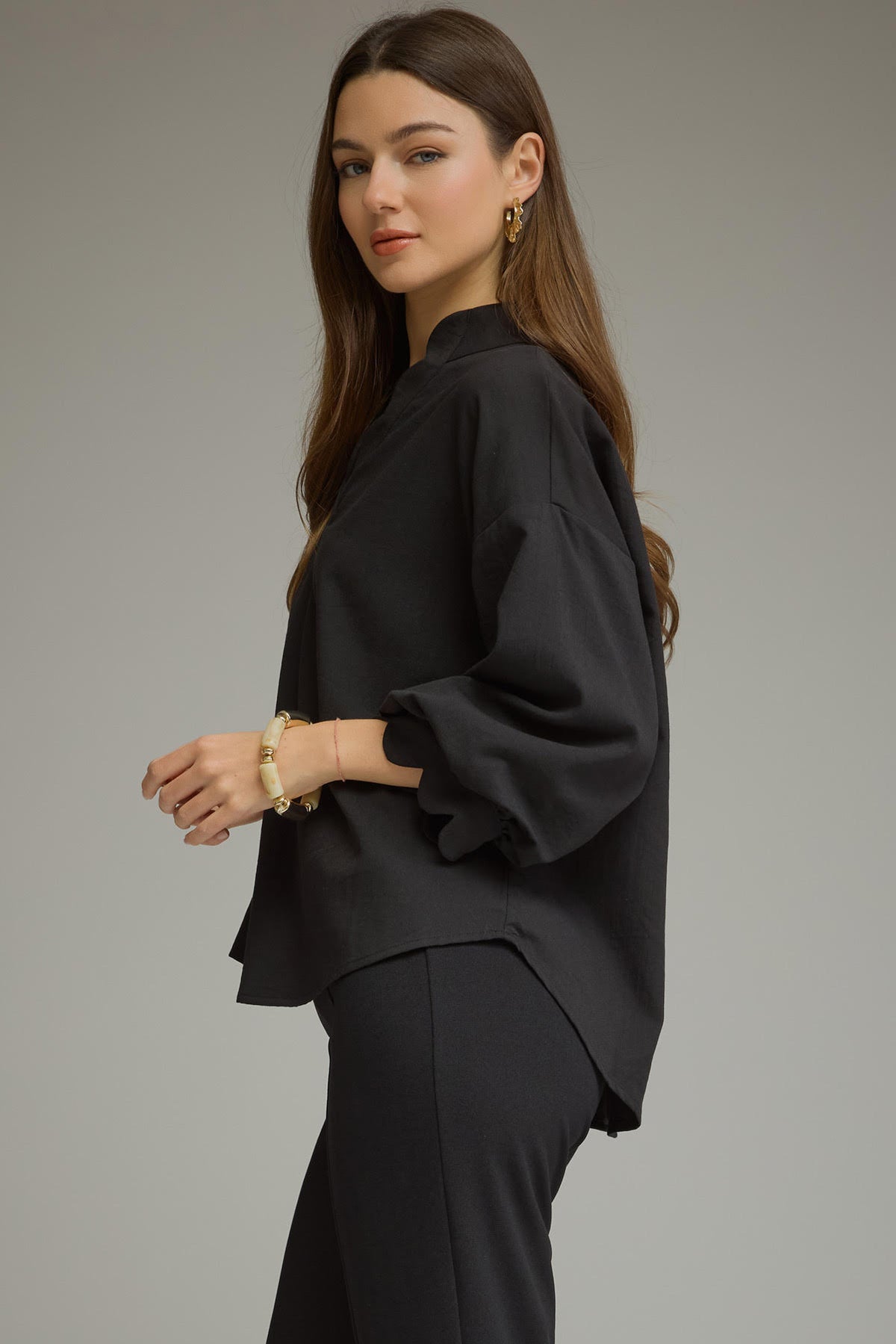 Scalloped 3/4 Sleeve Top | Black