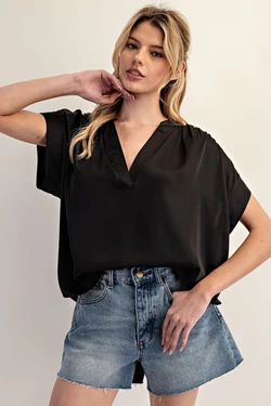 Satin V-Neck Top | Black