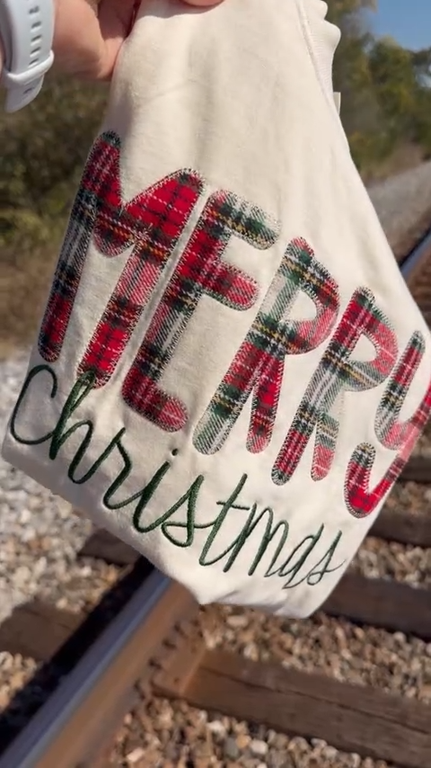 Merry Christmas Plaid Embroidered Tee | Cream