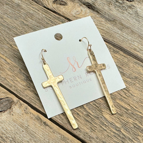 Hammered Cross Earrings | Gold