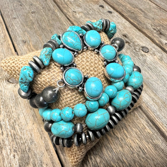 Turquoise Western Stretch Bracelet Set | Silver