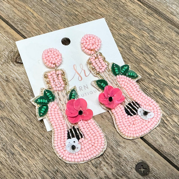 Pink Guitar Seed Bead Earrings