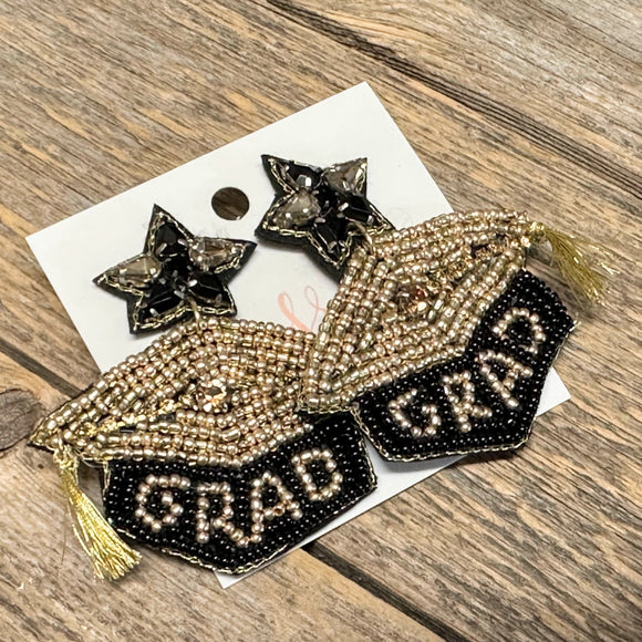 Grad Hat Seed Bead Earrings | Gold+Black